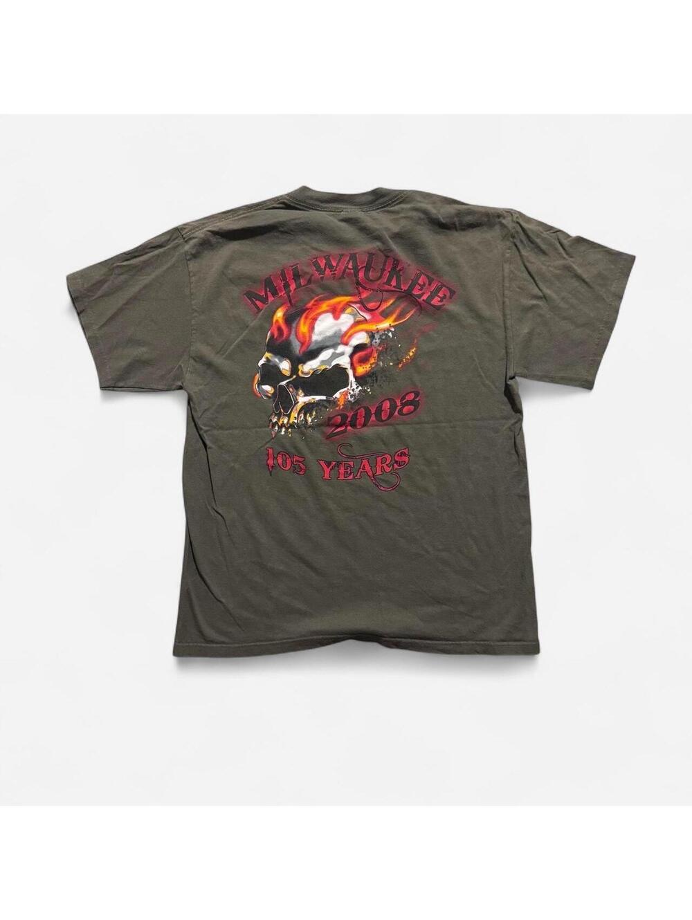 2008 Milwaukee 105 years skull tee with flaming skull graphic